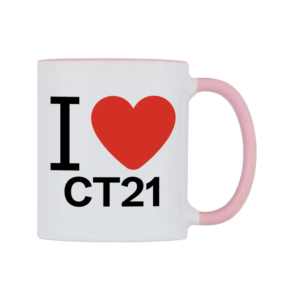 I Love CT21 Mug — white 11oz gloss mug with a pink inside and handle, left side, on a white background