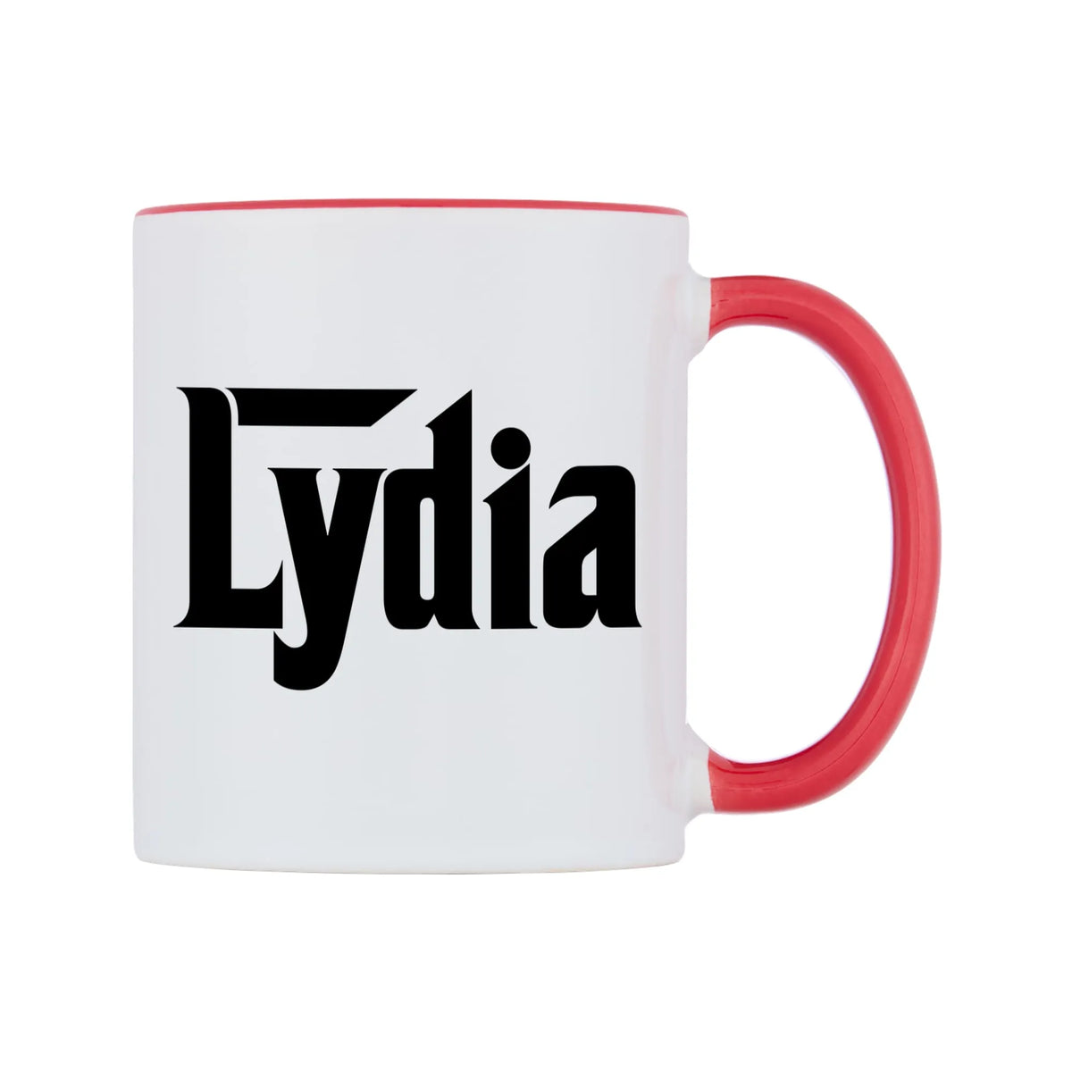 Lydia - Godfather Themed Mug — white 11oz gloss mug with a red inside and handle, left side, on a white background