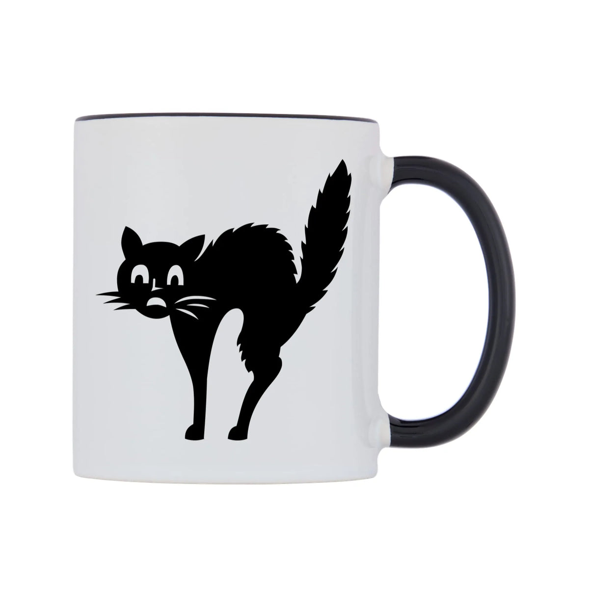 Scared Black Cat Mug — white 11oz gloss mug with a black inside and handle, left side, on a white background