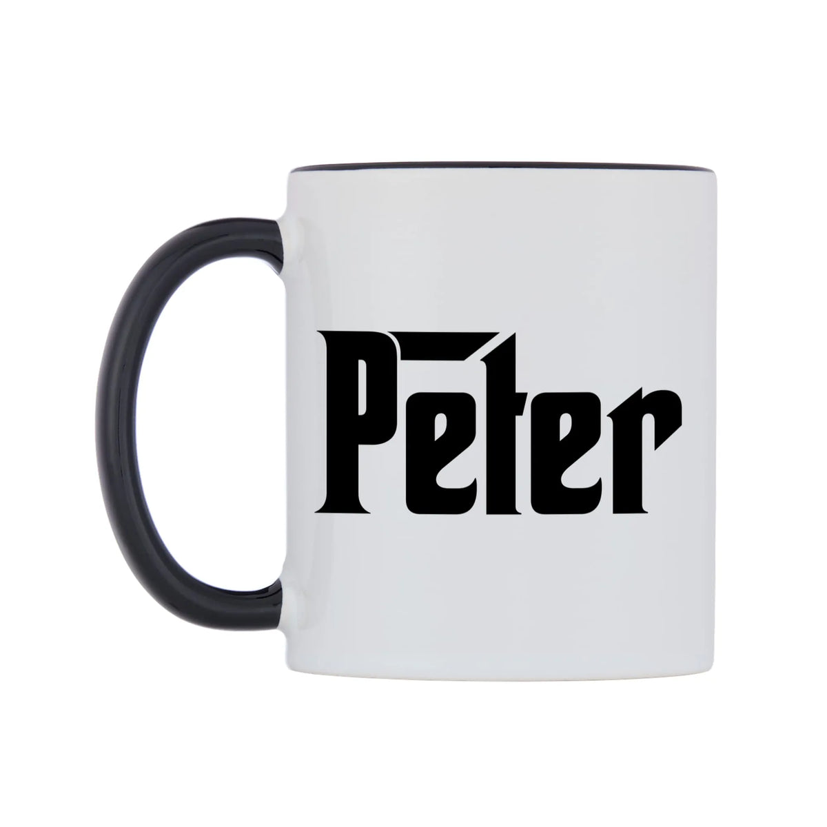 Peter - Godfather Themed Mug — white 11oz gloss mug with a black inside and handle, right side, on a white background