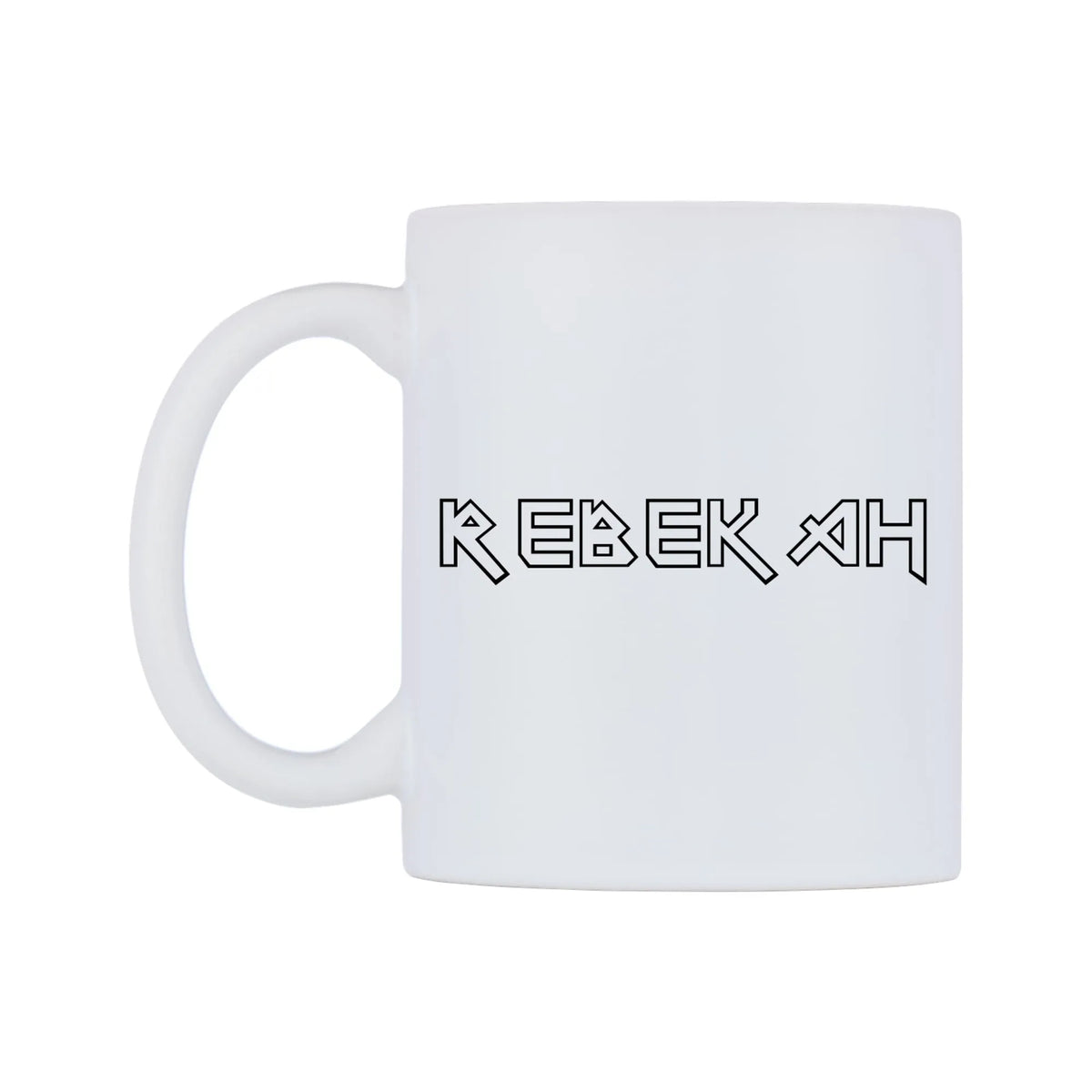 Rebekah - Iron Maiden Themed Mug — white 11oz gloss mug, right side, on a white background