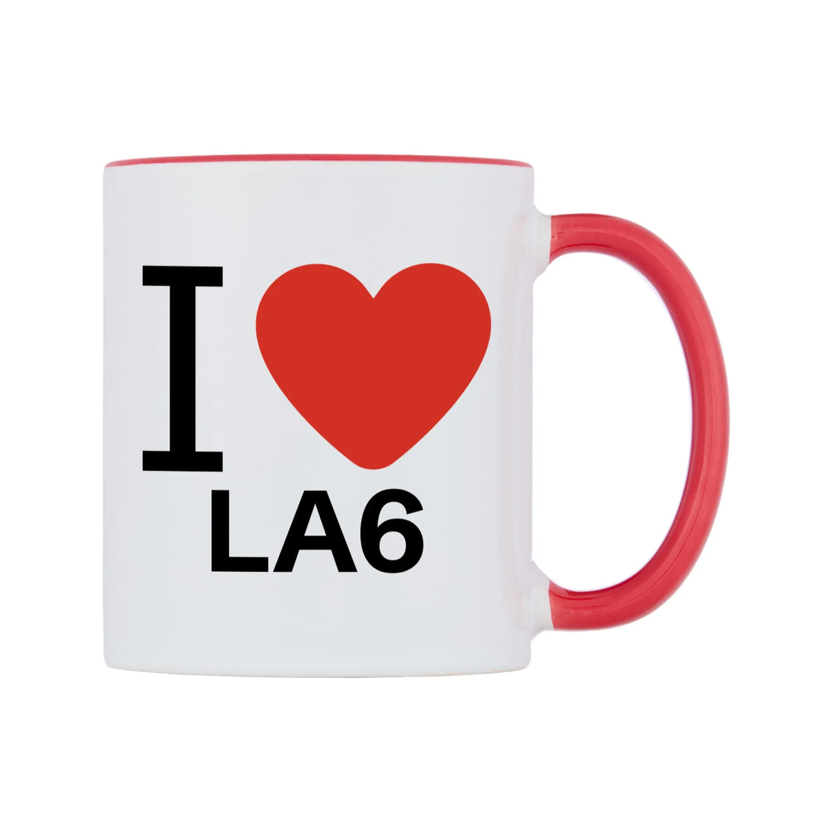 I Love LA6 Mug — white 11oz gloss mug with a red inside and handle, left side, on a white background
