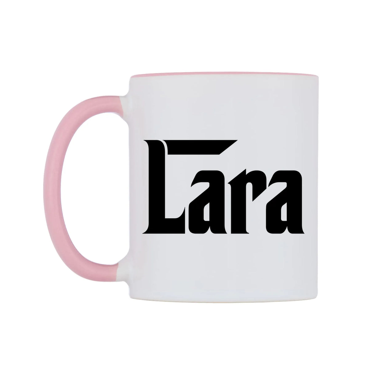 Lara - Godfather Themed Mug — white 11oz gloss mug with a pink inside and handle, right side, on a white background