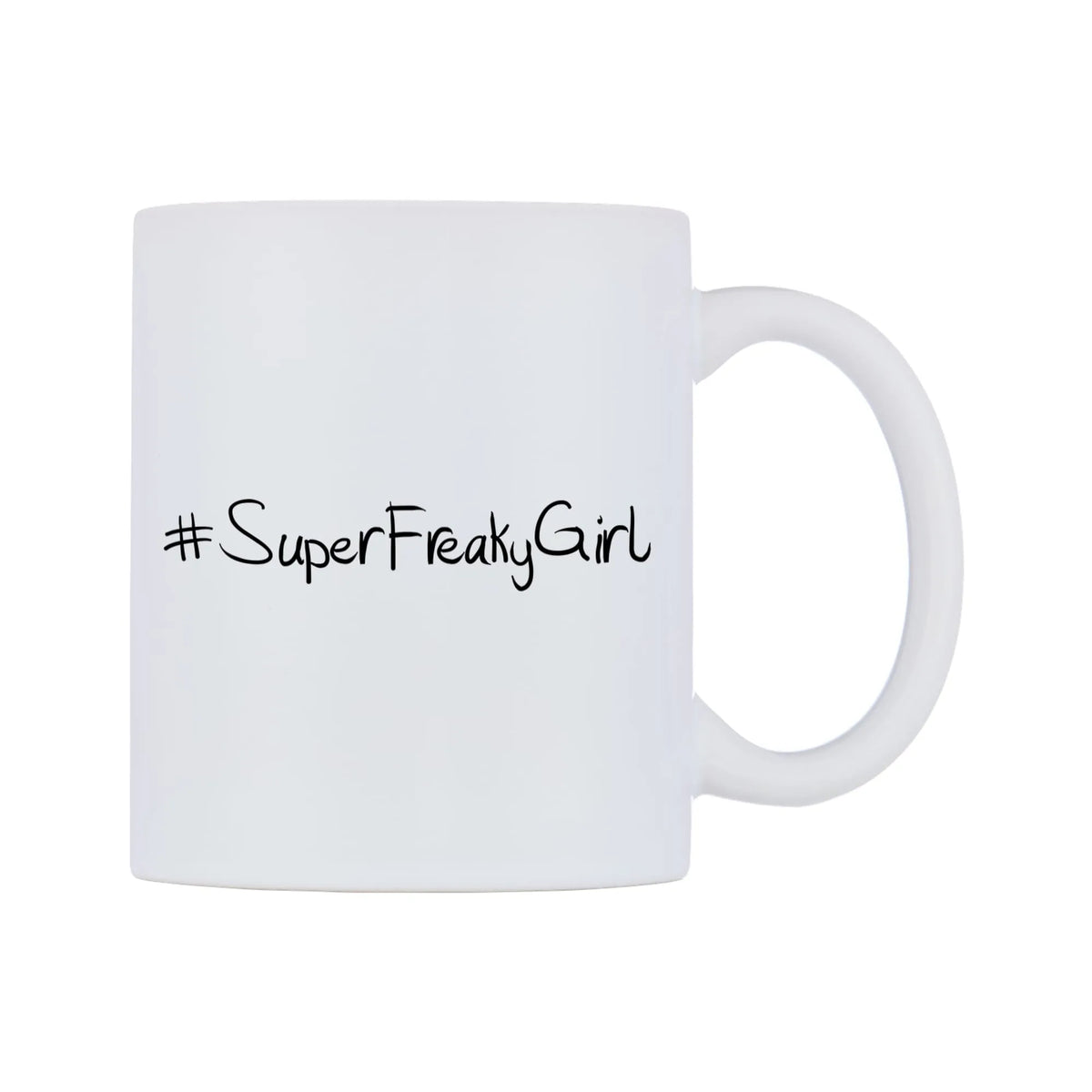 SuperFreakyGirl Mug — mug, left side, on a white background