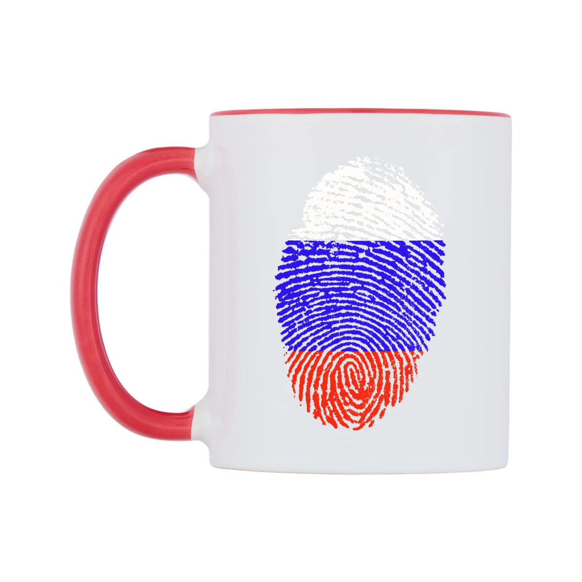 Russia Finger Print Flag Mug — white 11oz gloss mug with a red inside and handle, right side, on a white background