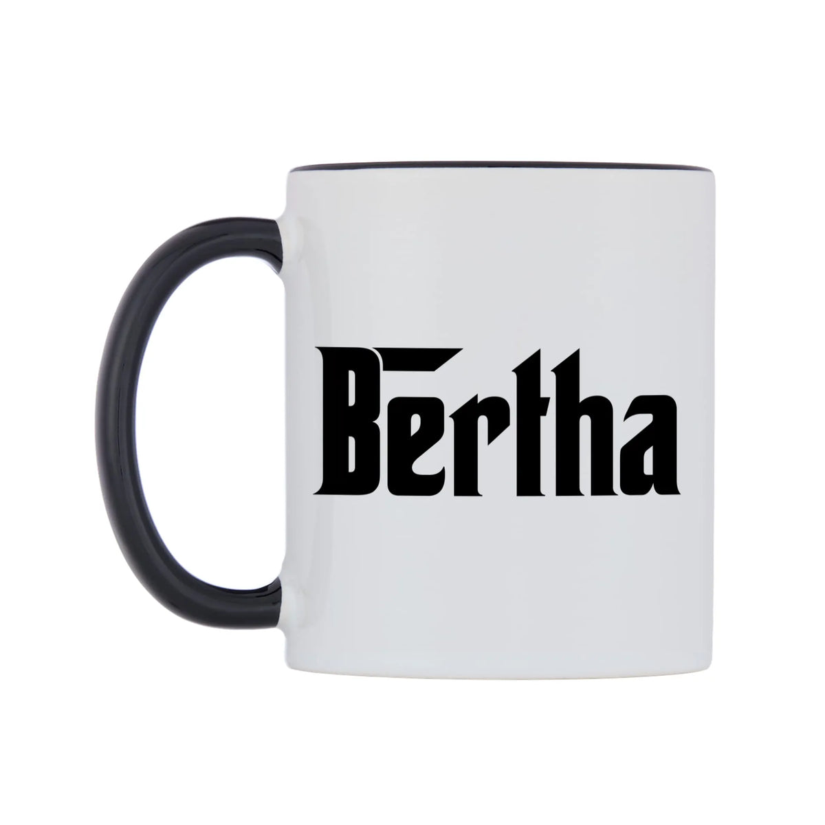 Bertha - Godfather Themed Mug — white 11oz gloss mug with a black inside and handle, right side, on a white background