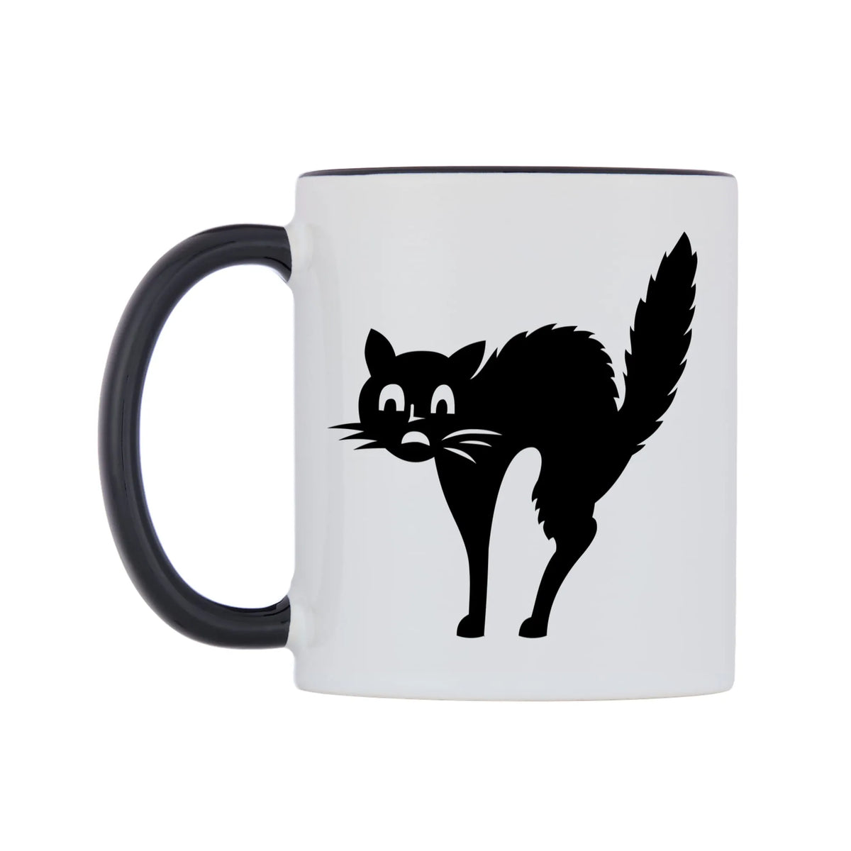 Scared Black Cat Mug — white 11oz gloss mug with a black inside and handle, right side, on a white background
