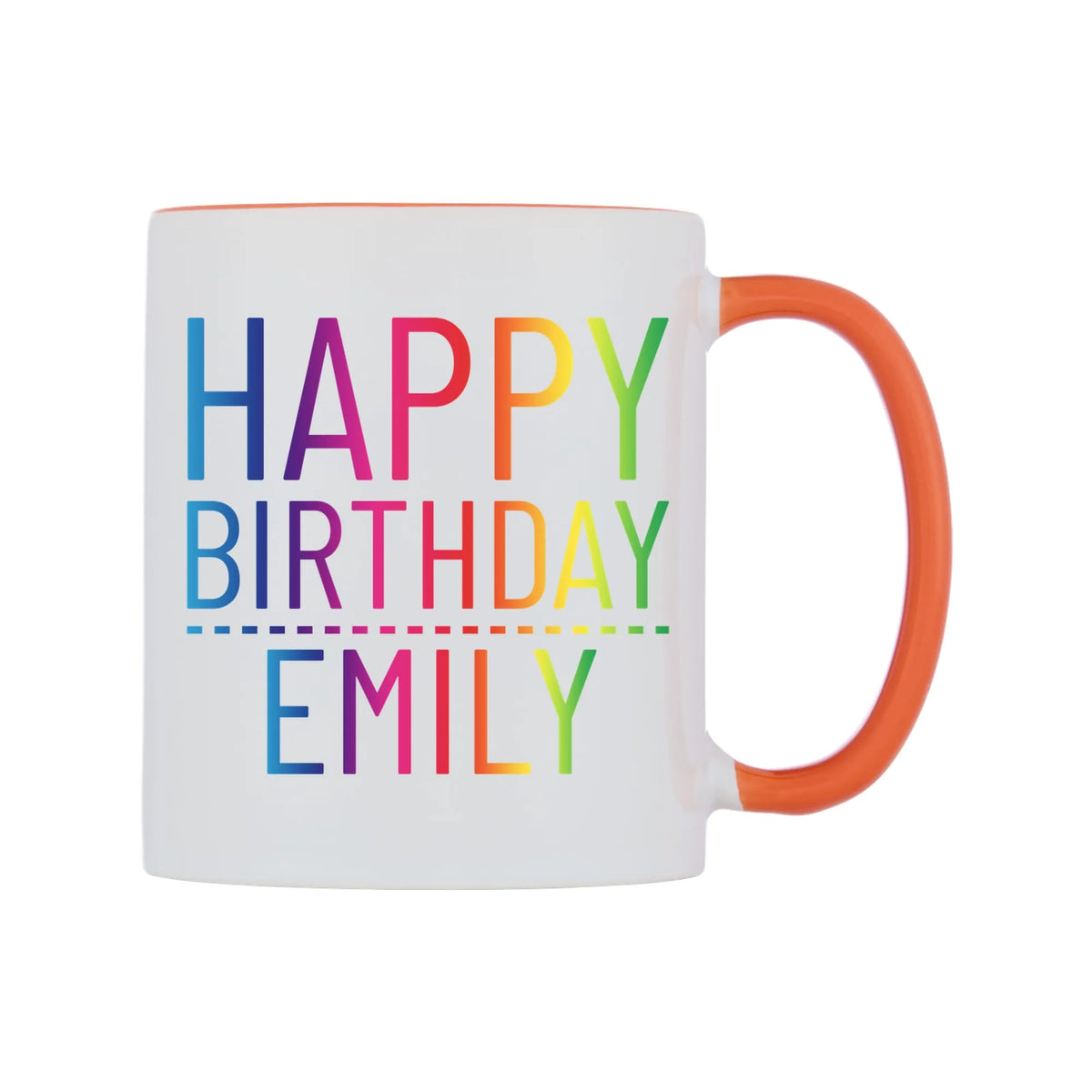 Personalised Happy Birthday (Rainbow) Mug — white 11oz gloss mug with a orange inside and handle, left side, on a white background