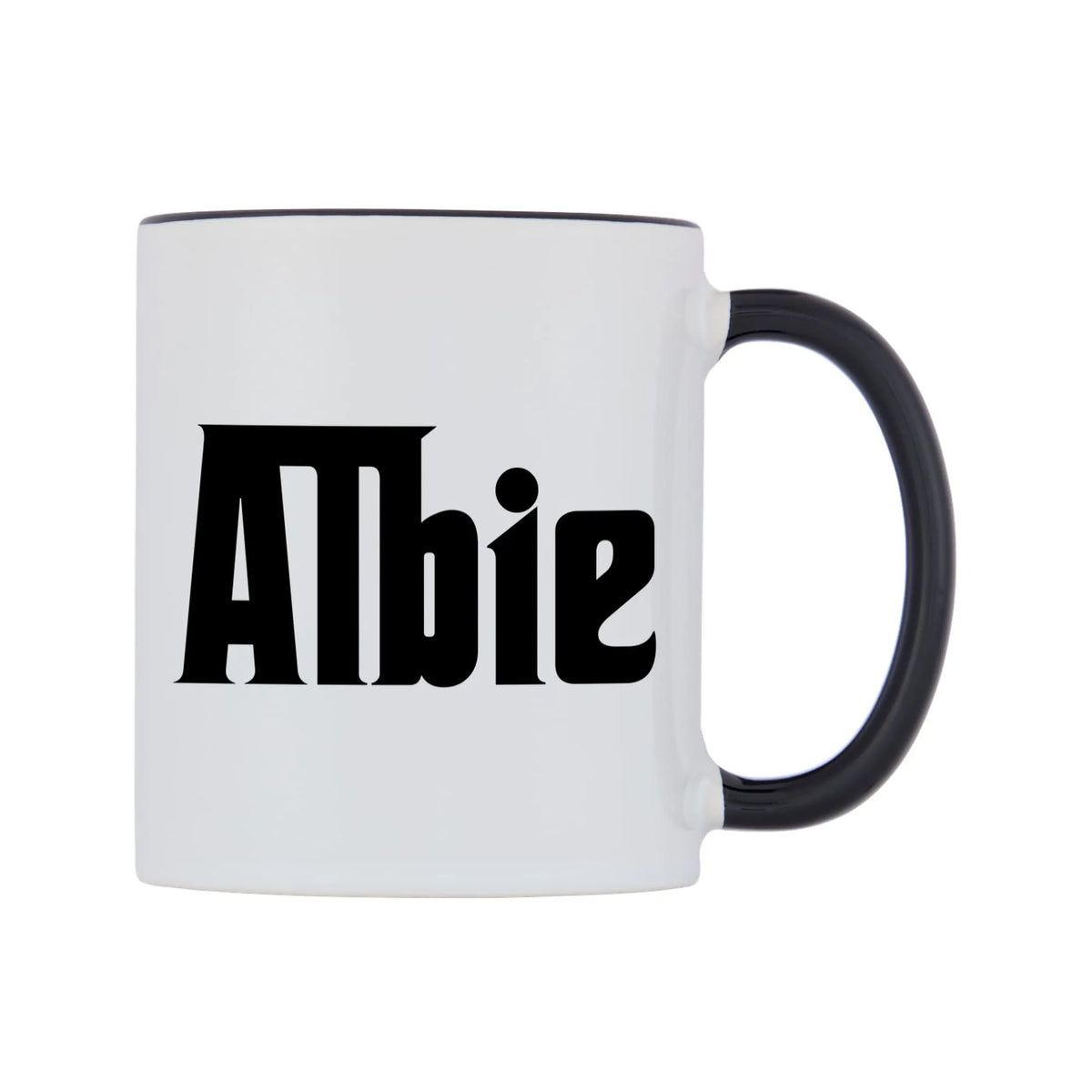 Albie - Godfather Themed Mug — white 11oz gloss mug with a black inside and handle, left side, on a white background