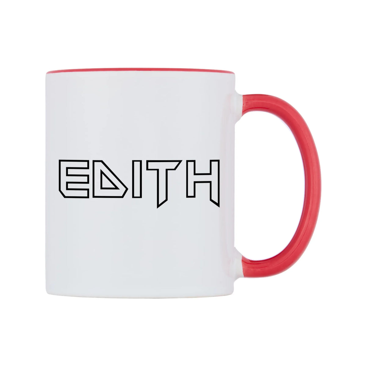 Edith - Iron Maiden Themed Mug — white 11oz gloss mug with a red inside and handle, left side, on a white background
