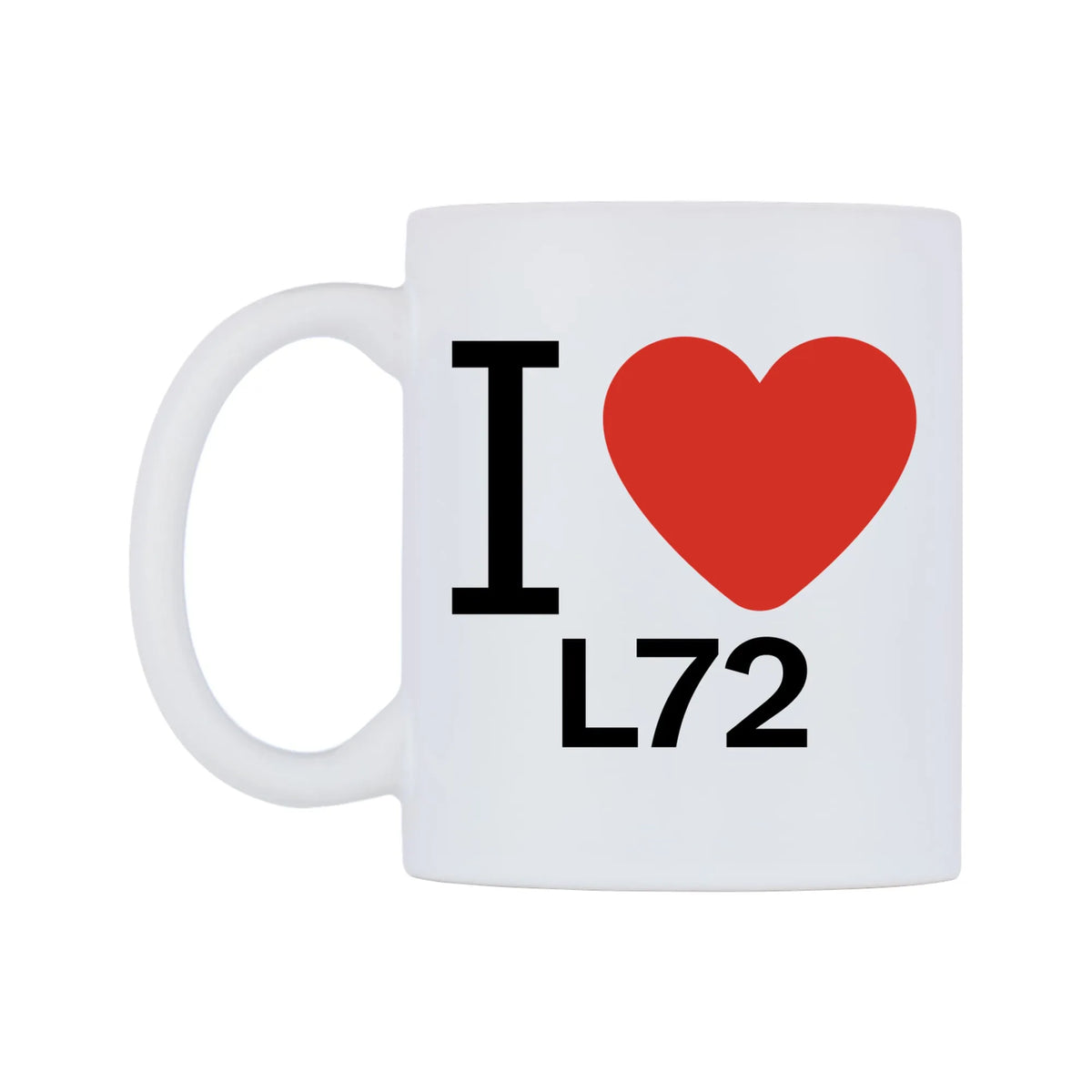I Love L72 Mug — white 11oz gloss mug, right side, on a white background