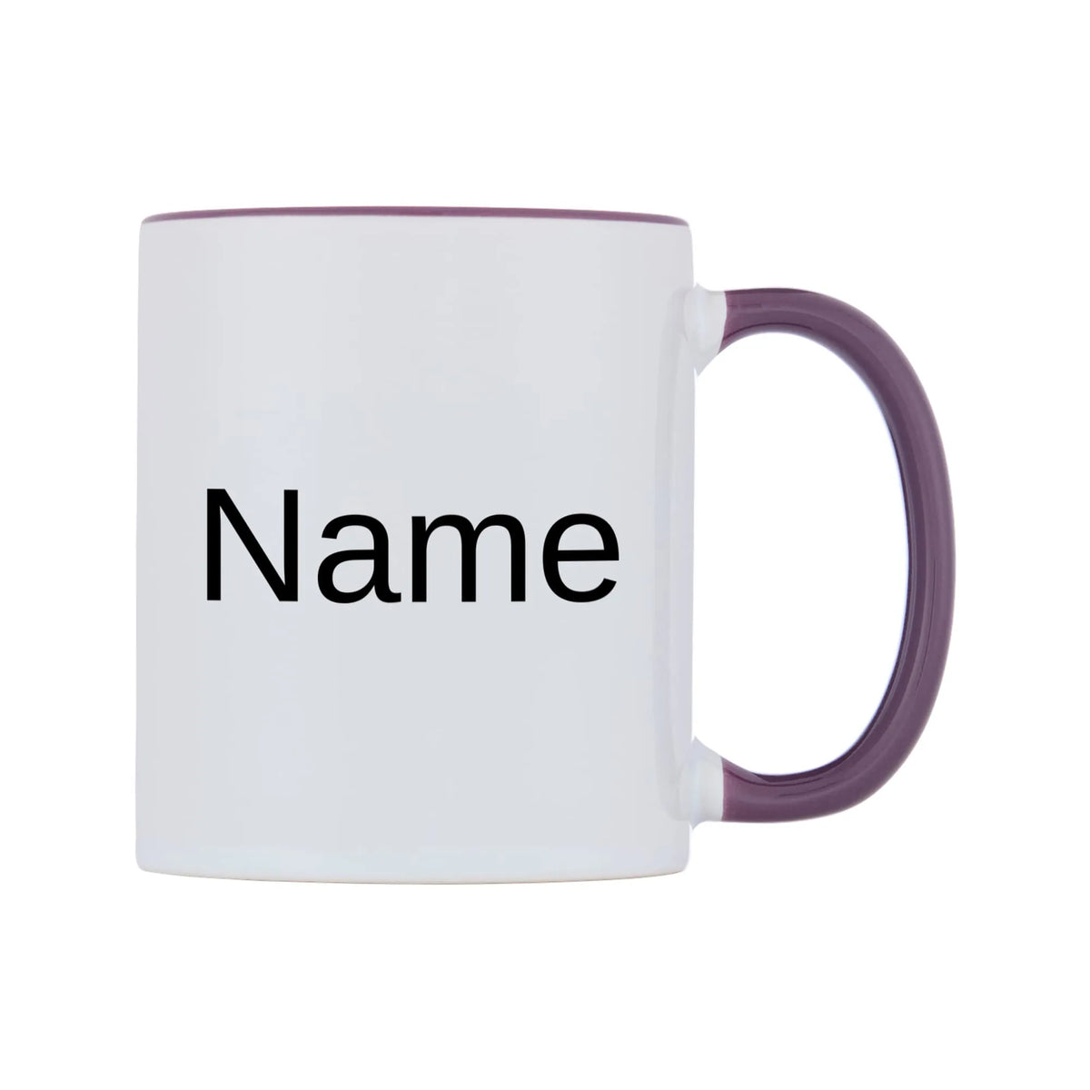 Name Personalised Mug — white 11oz gloss mug with a purple inside and handle, left side, on a white background