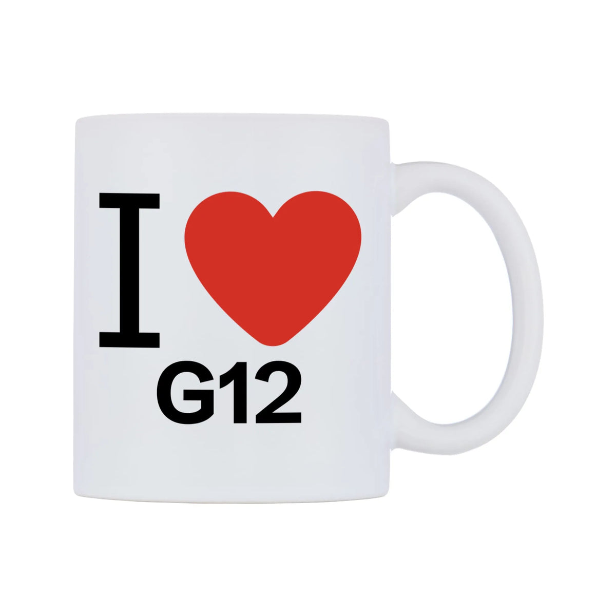 I Love G12 Mug — white 11oz gloss mug, left side, on a white background