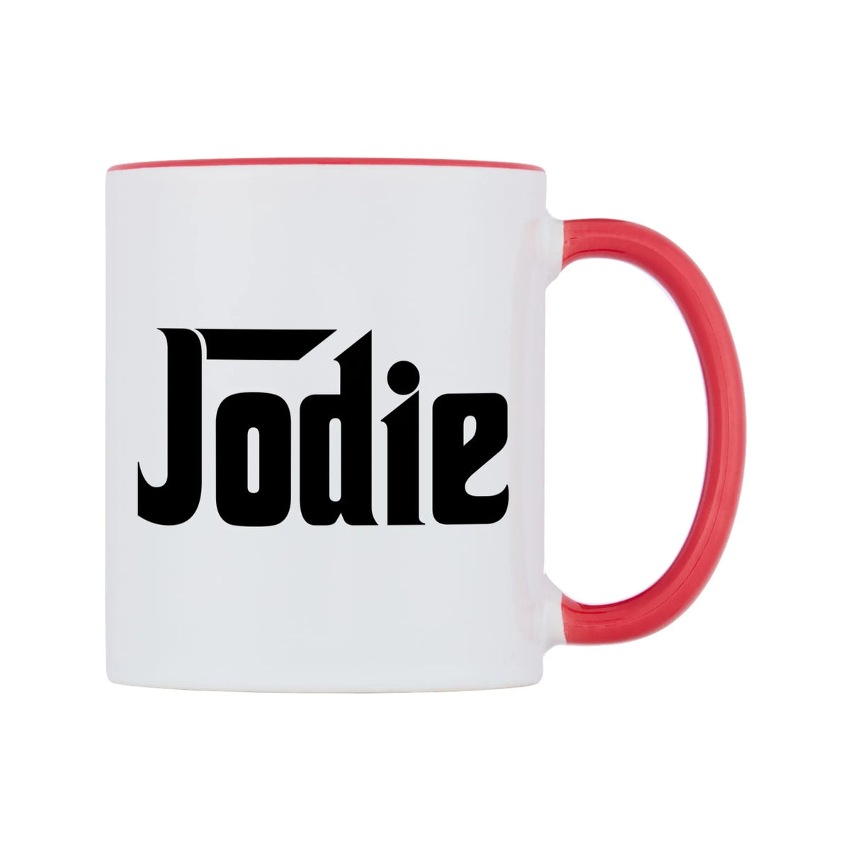 Jodie - Godfather Themed Mug — white 11oz gloss mug with a red inside and handle, left side, on a white background