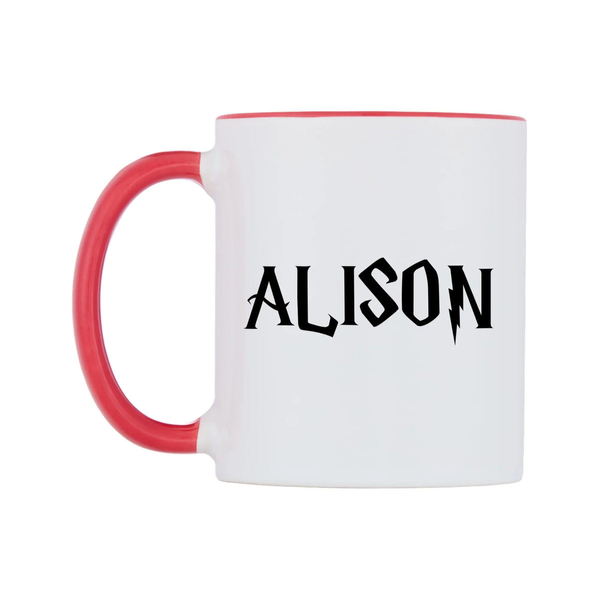 Alison - Wizard Themed Mug — white 11oz gloss mug with a red inside and handle, right side, on a white background