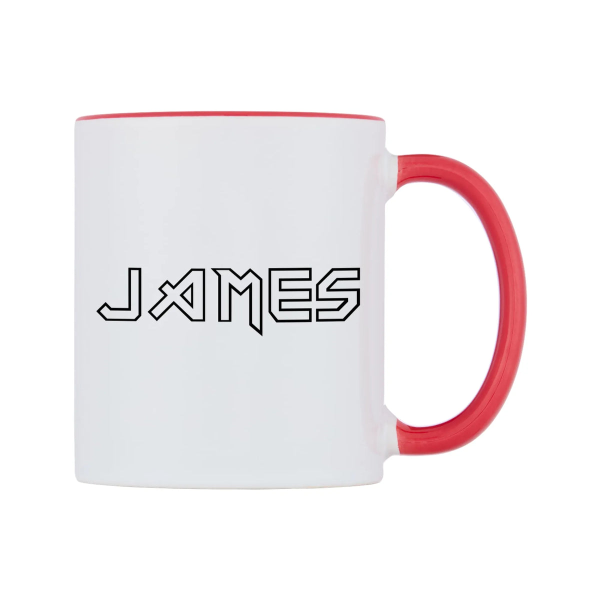 James - Iron Maiden Themed Mug — white 11oz gloss mug with a red inside and handle, left side, on a white background