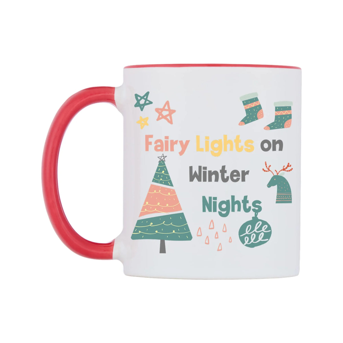 Fairy Lights on Winter Nights Mug — white 11oz gloss mug with a red inside and handle, right side, on a white background