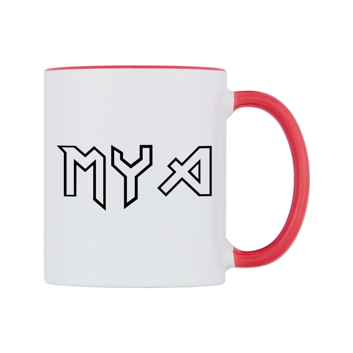 Mya - Iron Maiden Themed Mug — white 11oz gloss mug with a red inside and handle, left side, on a white background