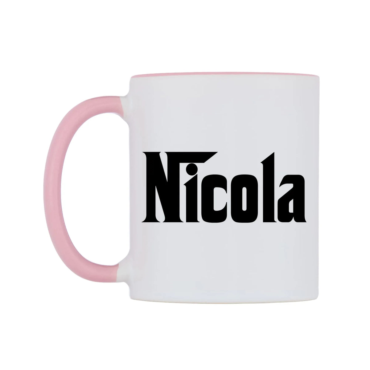 Nicola - Godfather Themed Mug — white 11oz gloss mug with a pink inside and handle, right side, on a white background