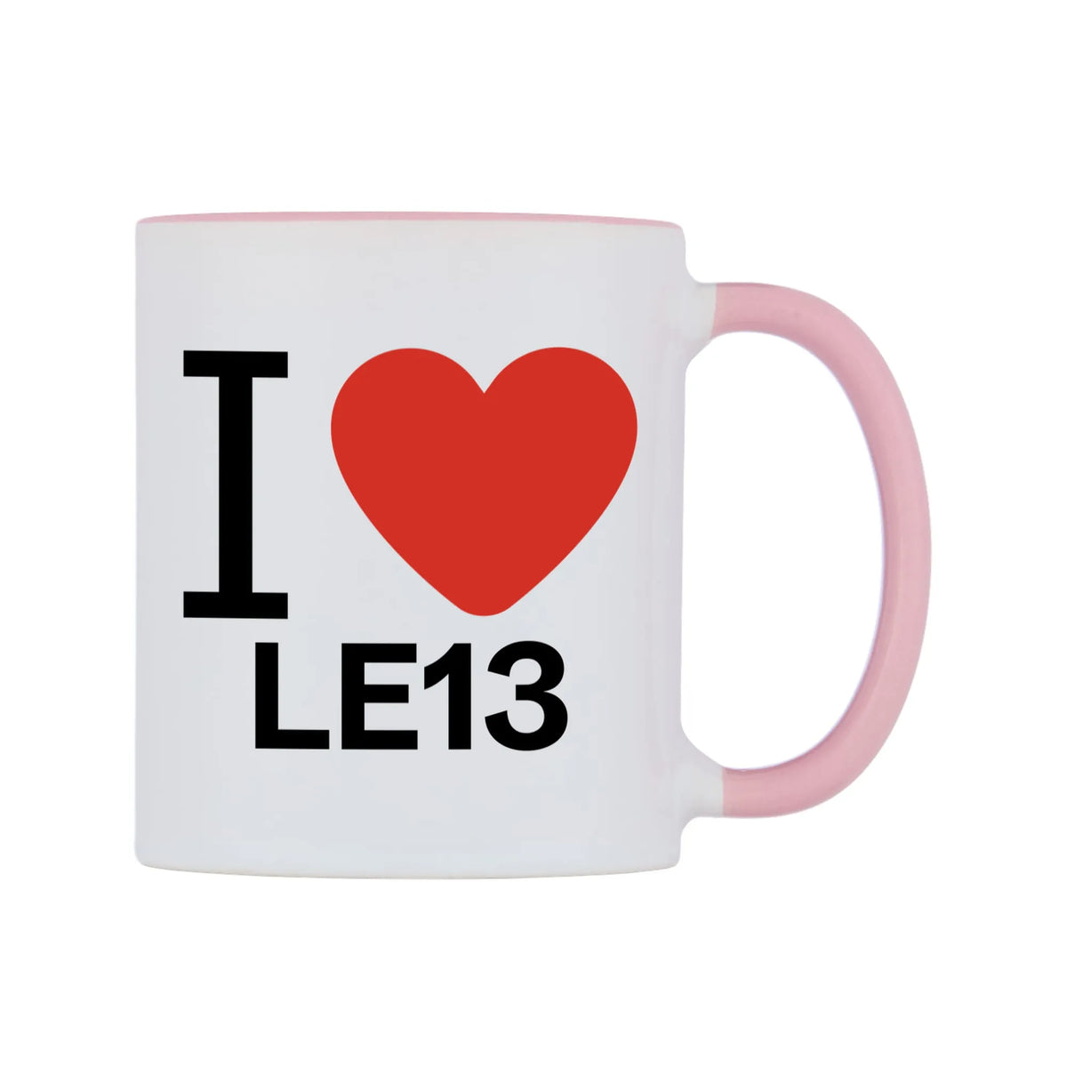 I Love LE13 Mug — white 11oz gloss mug with a pink inside and handle, left side, on a white background