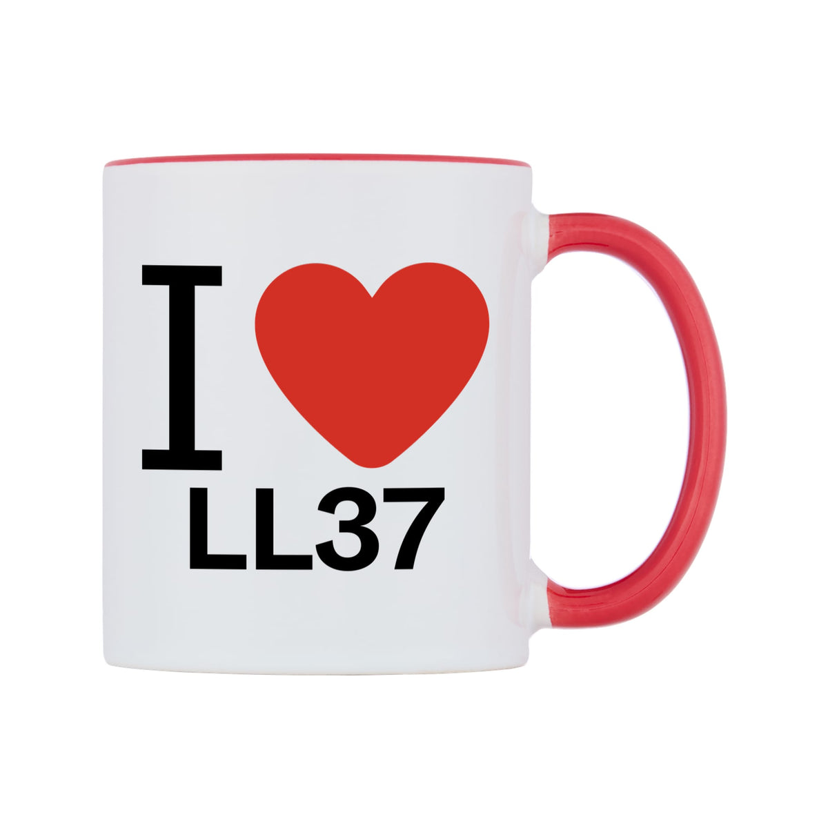 I Love LL37 Mug — white 11oz gloss mug with a red inside and handle, left side, on a white background