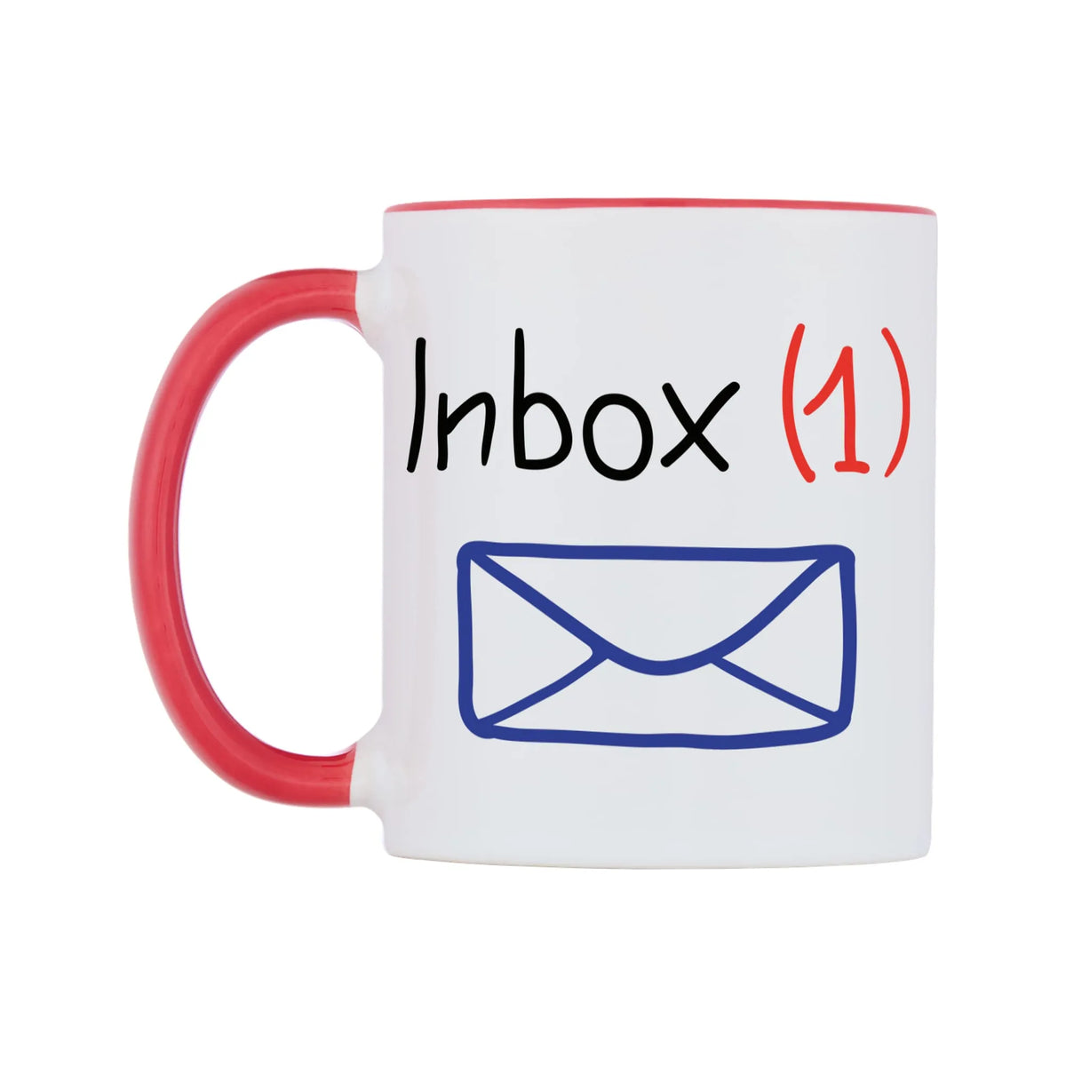 Inbox (1) Mug — white 11oz gloss mug with a red inside and handle, right side, on a white background