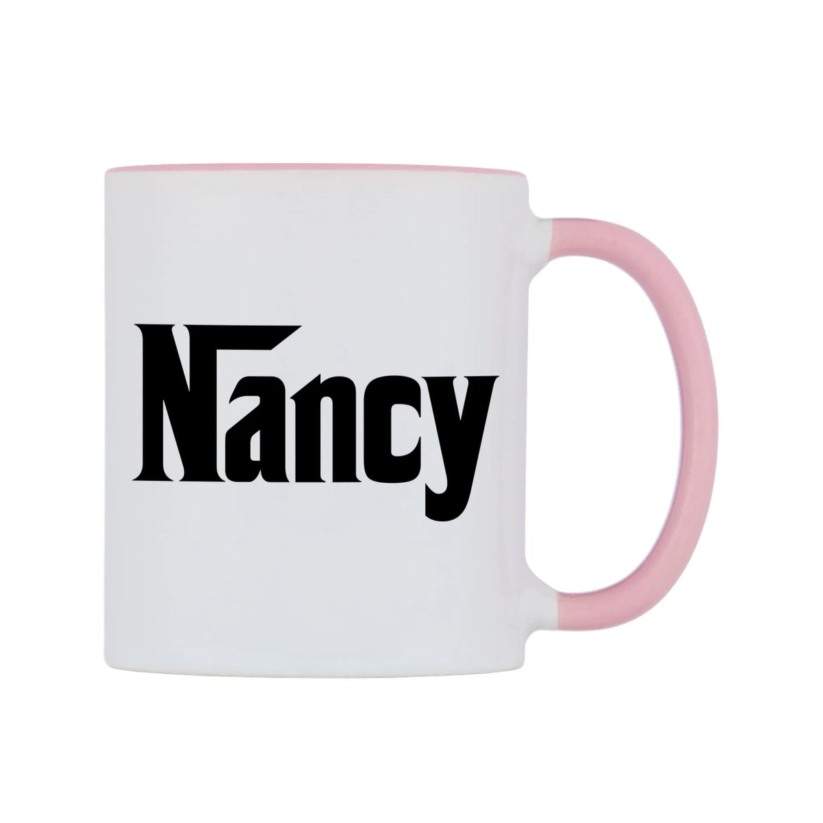 Nancy - Godfather Themed Mug — white 11oz gloss mug with a pink inside and handle, left side, on a white background