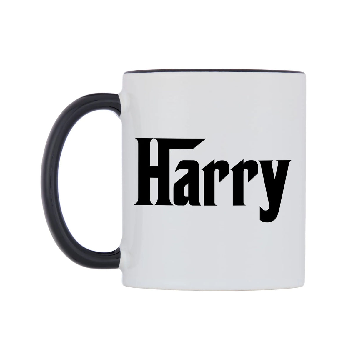 Harry - Godfather Themed Mug — white 11oz gloss mug with a black inside and handle, right side, on a white background