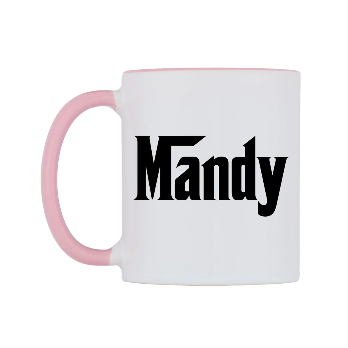 Mandy - Godfather Themed Mug — white 11oz gloss mug with a pink inside and handle, right side, on a white background