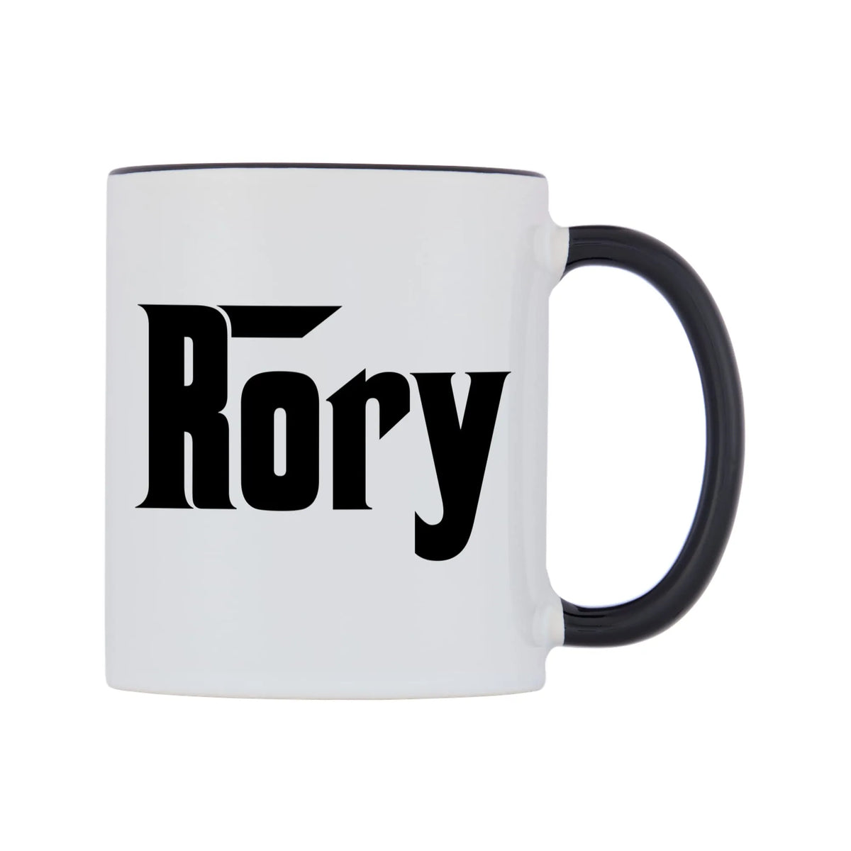 Rory - Godfather Themed Mug — white 11oz gloss mug with a black inside and handle, left side, on a white background