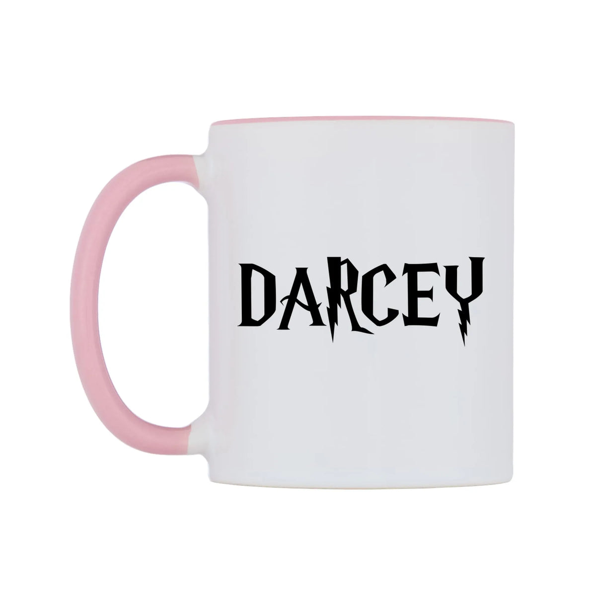 Darcey - Wizard Themed Mug — white 11oz gloss mug with a pink inside and handle, right side, on a white background