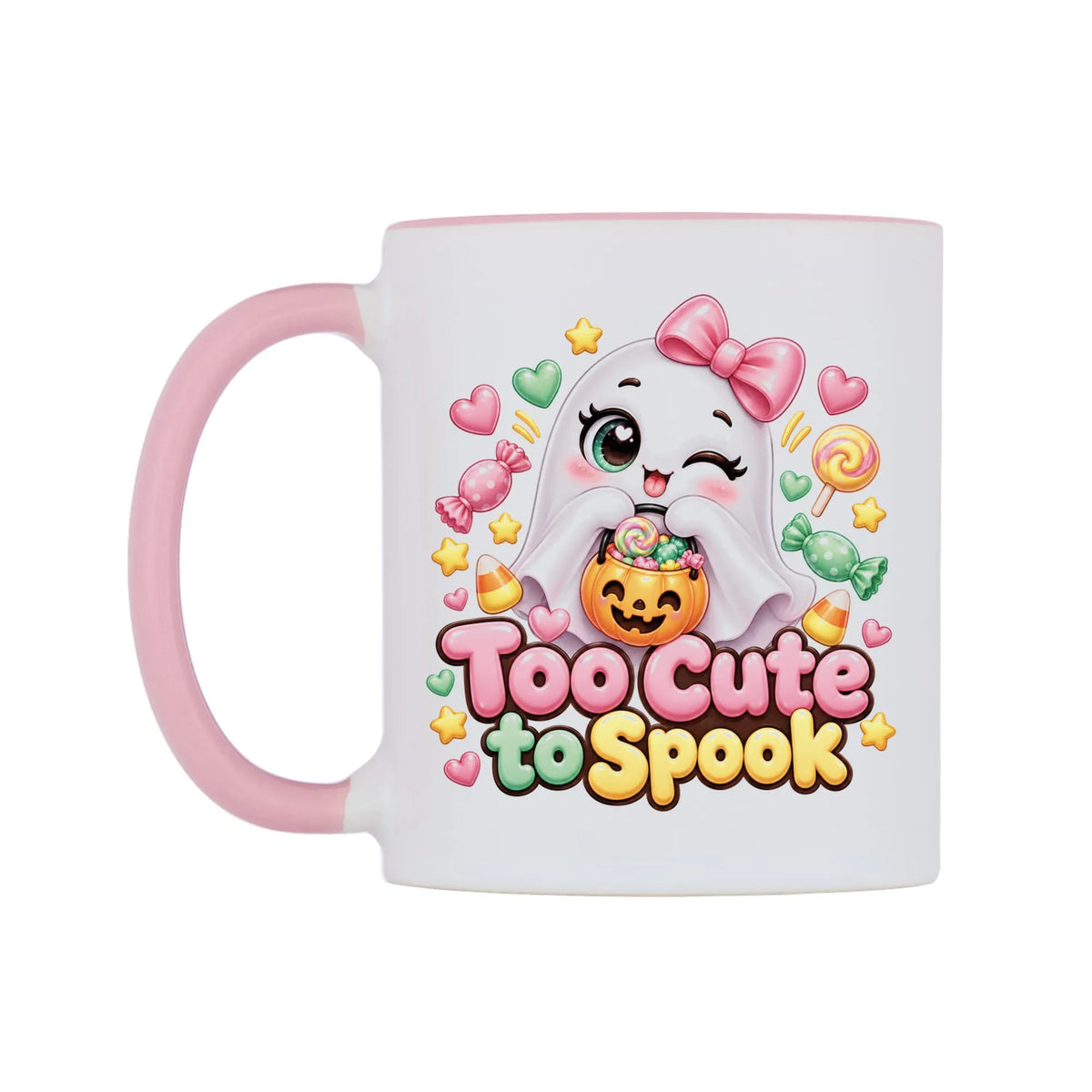 Too Cute to Spook Mug — white 11oz gloss mug with a pink inside and handle, right side, on a white background