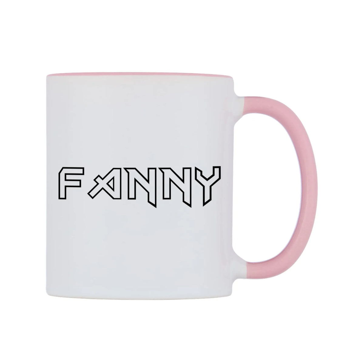 Fanny - Iron Maiden Themed Mug — white 11oz gloss mug with a pink inside and handle, left side, on a white background