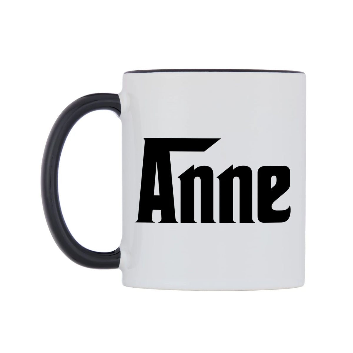 Anne - Godfather Themed Mug — white 11oz gloss mug with a black inside and handle, right side, on a white background