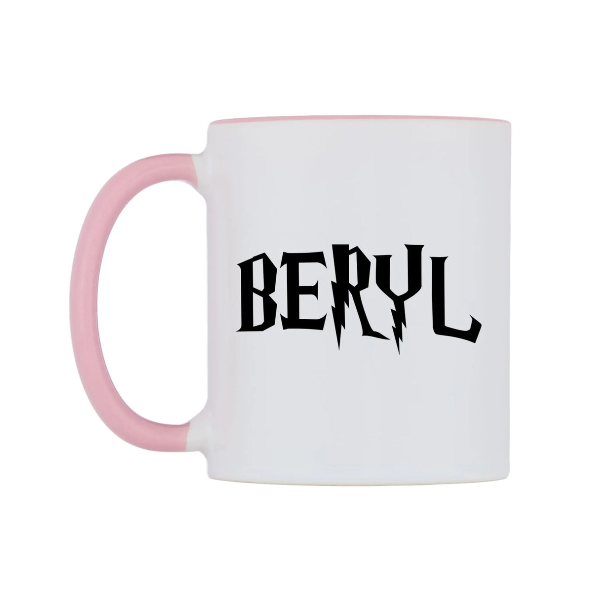 Beryl - Wizard Themed Mug — white 11oz gloss mug with a pink inside and handle, right side, on a white background