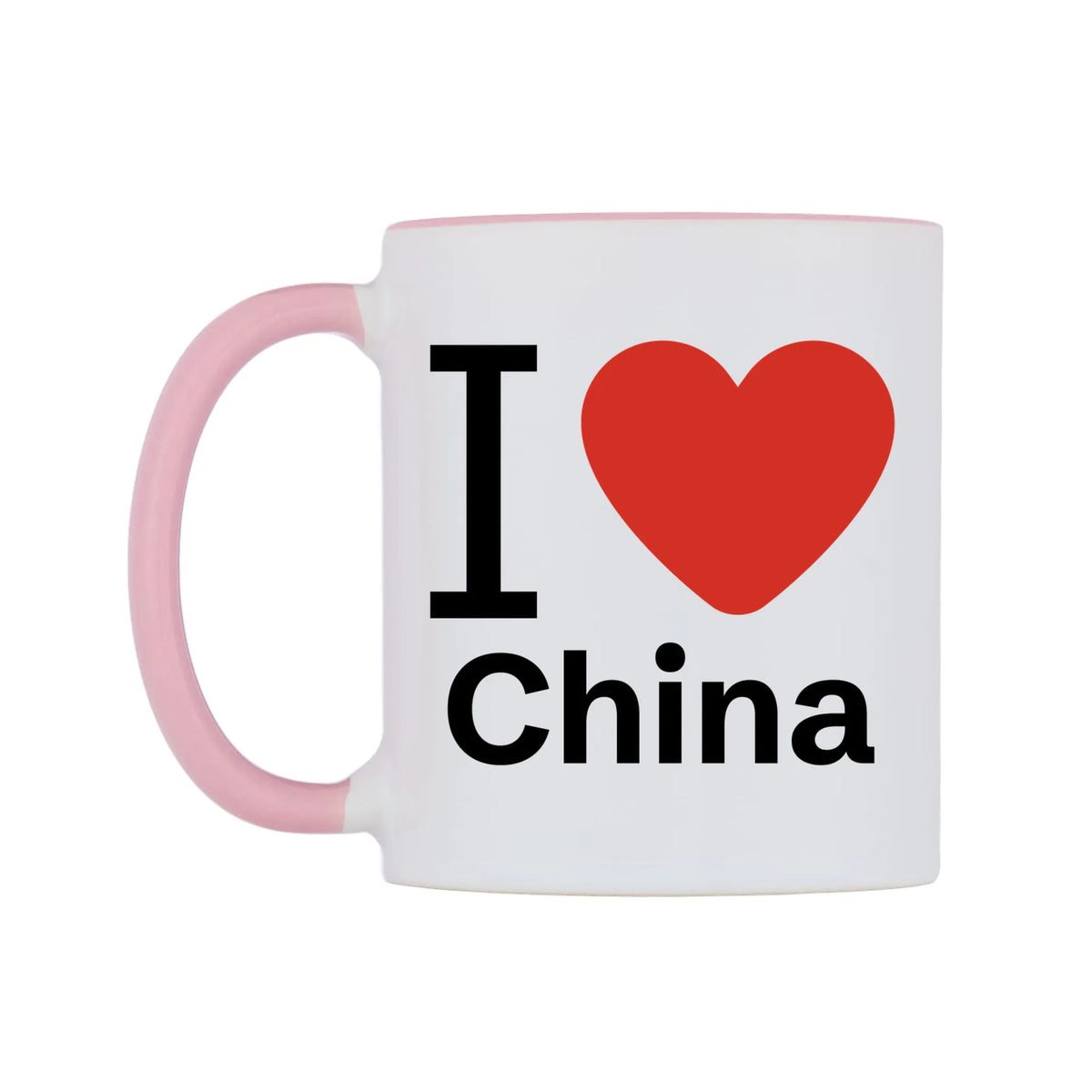 I Love China Mug — white 11oz gloss mug with a pink inside and handle, right side, on a white background