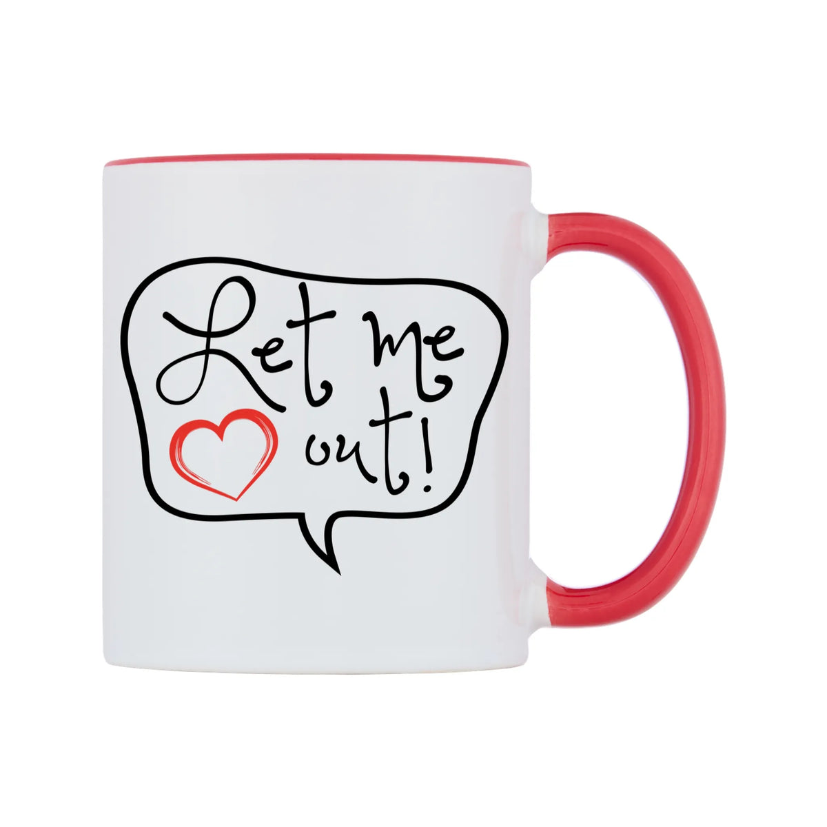 Let Me Out! Mug — white 11oz gloss mug with a red inside and handle, left side, on a white background