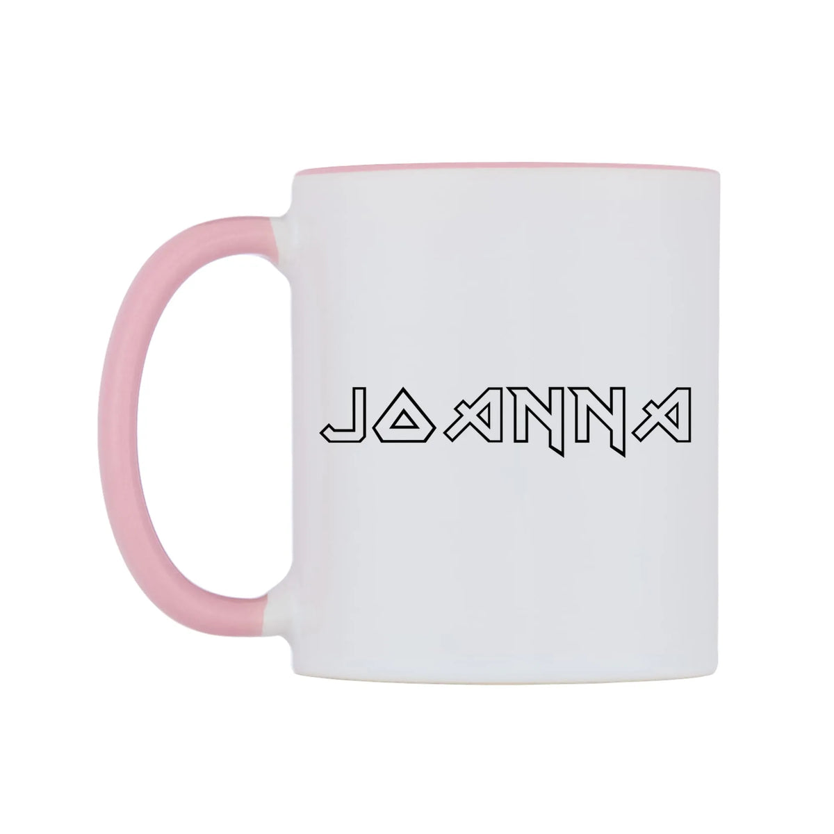 Joanna - Iron Maiden Themed Mug — white 11oz gloss mug with a pink inside and handle, right side, on a white background