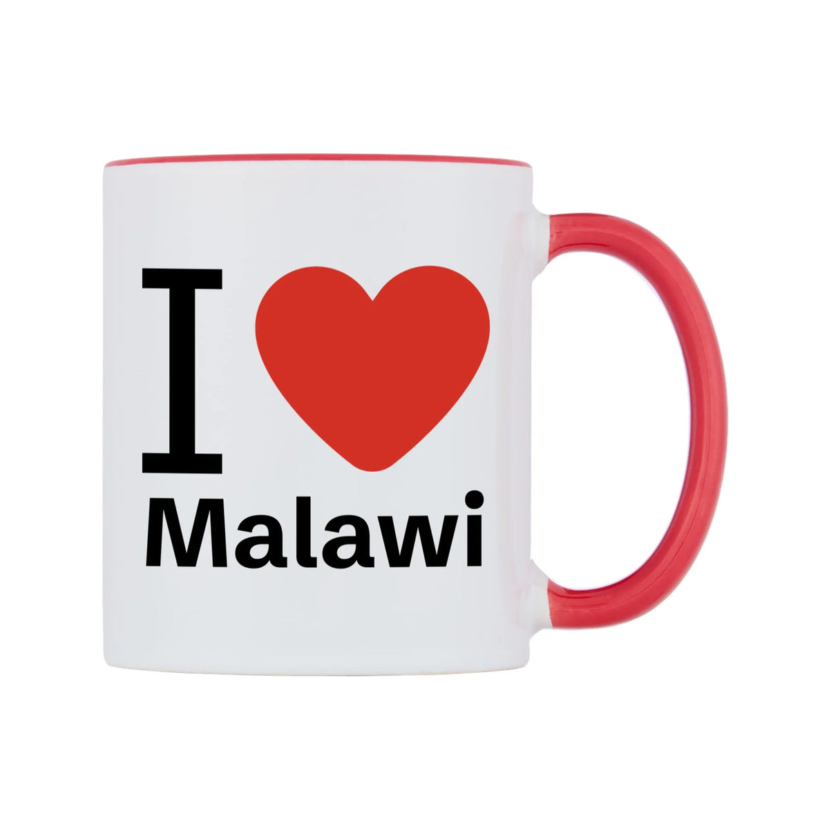 I Love Malawi Mug — white 11oz gloss mug with a red inside and handle, left side, on a white background