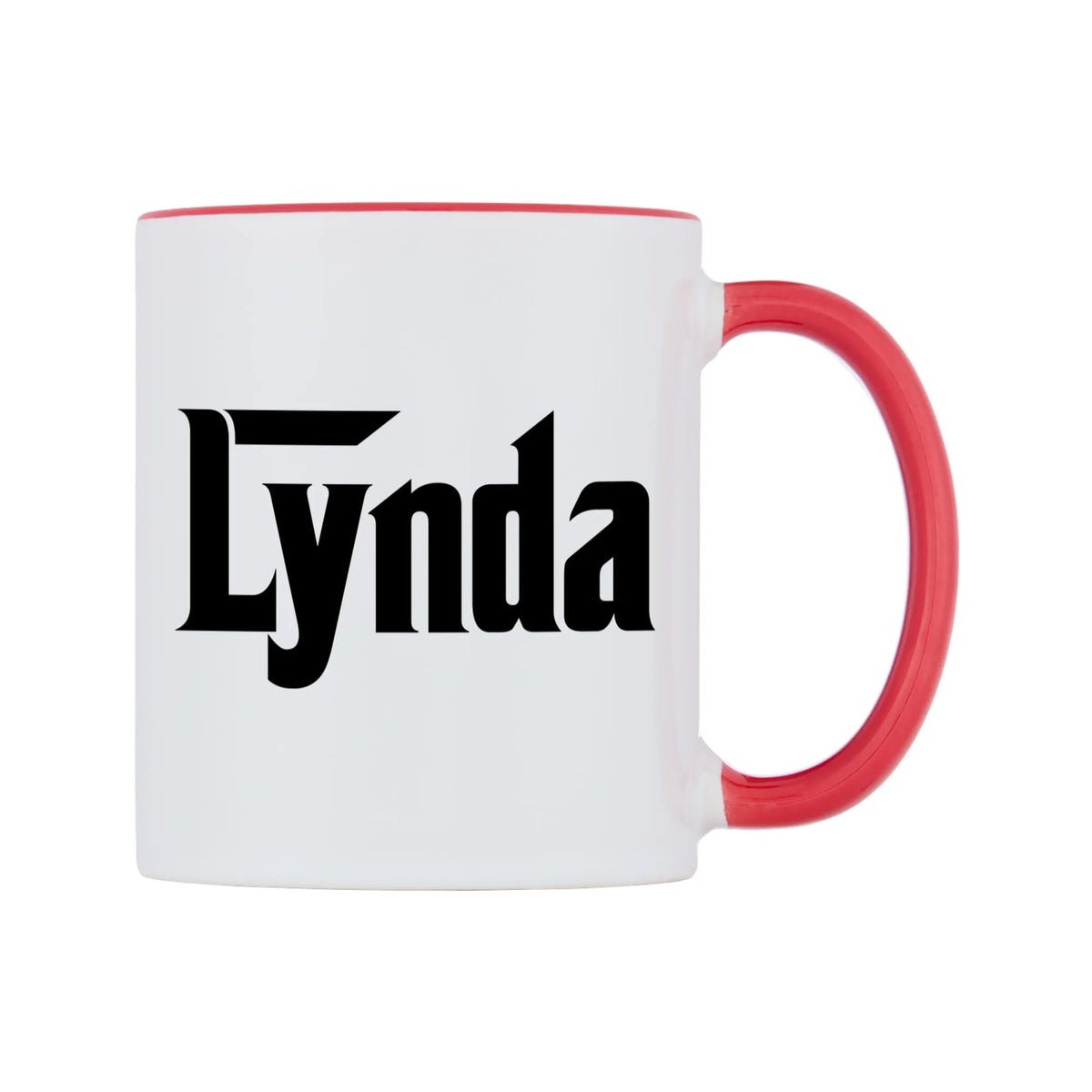 Lynda - Godfather Themed Mug — white 11oz gloss mug with a red inside and handle, left side, on a white background