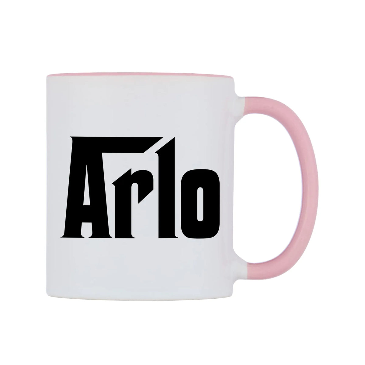 Arlo - Godfather Themed Mug — white 11oz gloss mug with a pink inside and handle, left side, on a white background