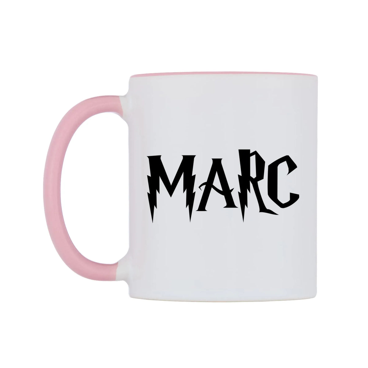 Marc - Wizard Themed Mug — white 11oz gloss mug with a pink inside and handle, right side, on a white background