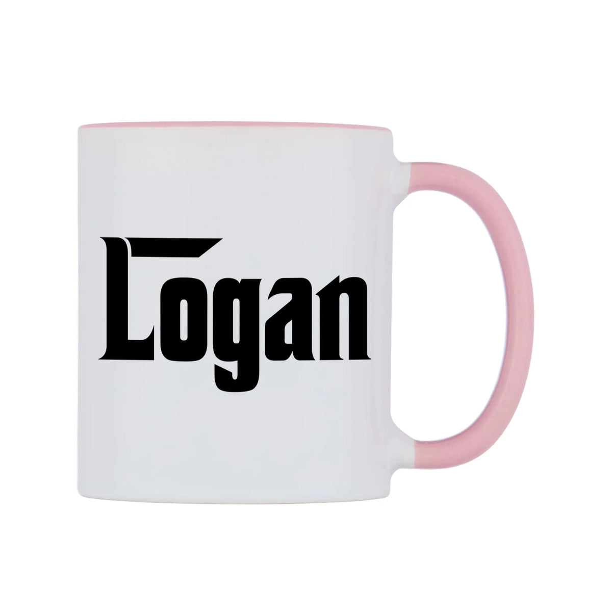 Logan - Godfather Themed Mug — white 11oz gloss mug with a pink inside and handle, left side, on a white background