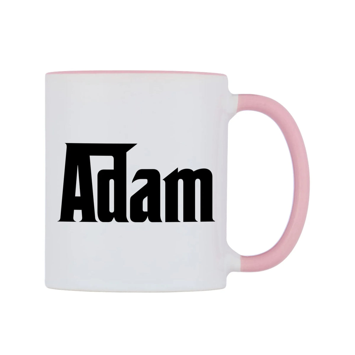 Adam - Godfather Themed Mug — white 11oz gloss mug with a pink inside and handle, left side, on a white background