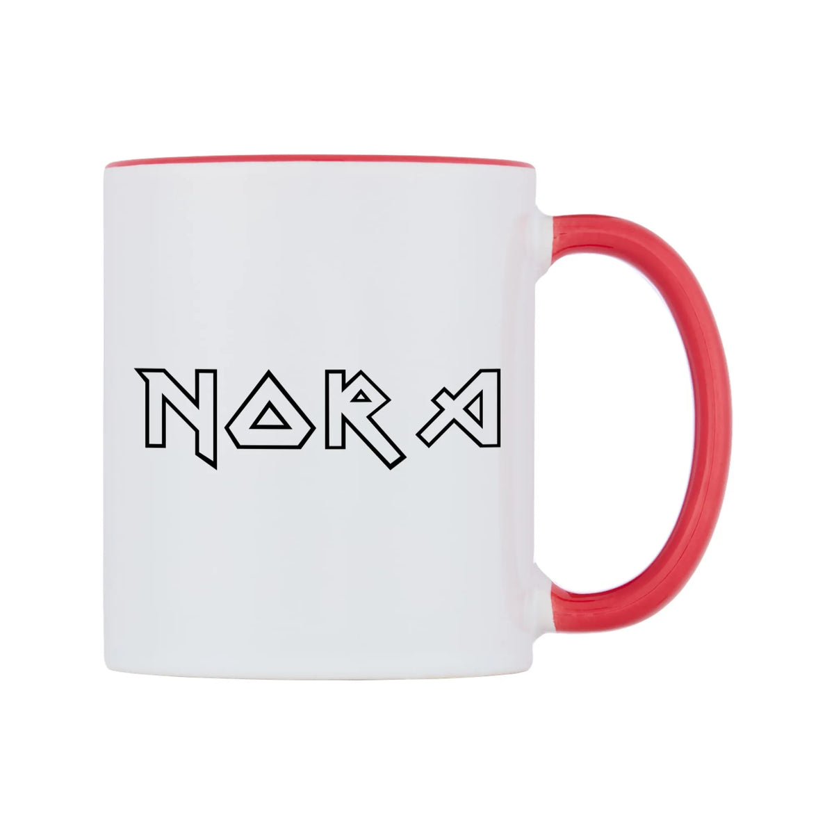 Nora - Iron Maiden Themed Mug — white 11oz gloss mug with a red inside and handle, left side, on a white background