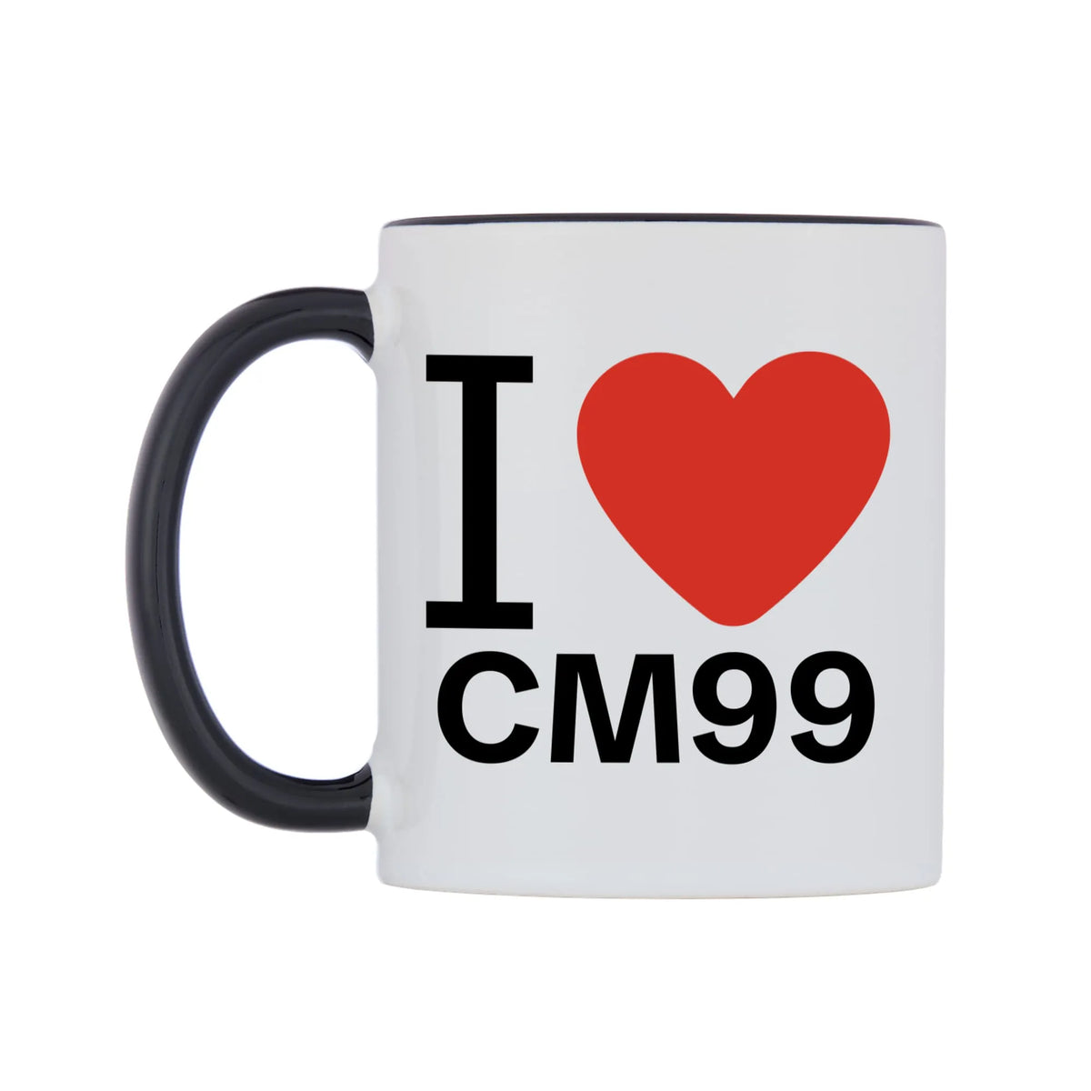 I Love CM99 Mug — white 11oz gloss mug with a black inside and handle, right side, on a white background