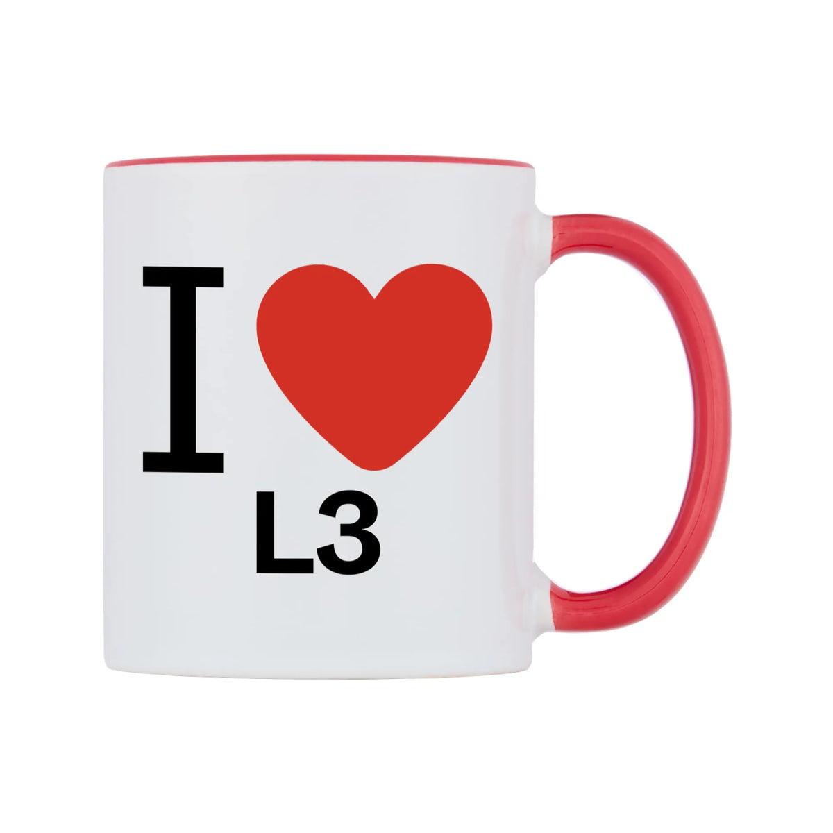 I Love L3 Mug — white 11oz gloss mug with a red inside and handle, left side, on a white background