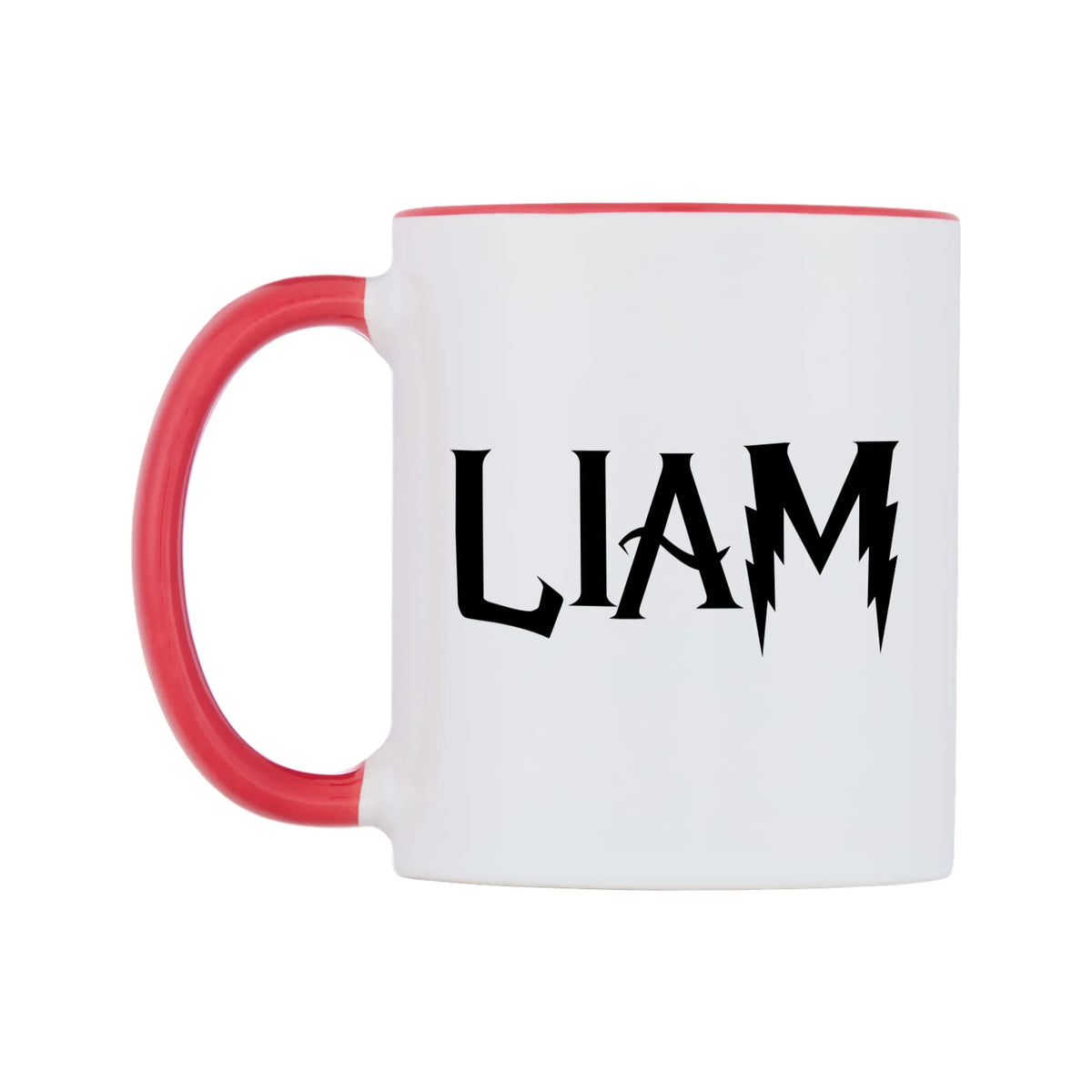 Liam - Wizard Themed Mug — white 11oz gloss mug with a red inside and handle, right side, on a white background