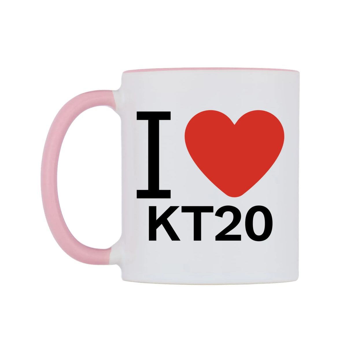 I Love KT20 Mug — white 11oz gloss mug with a pink inside and handle, right side, on a white background