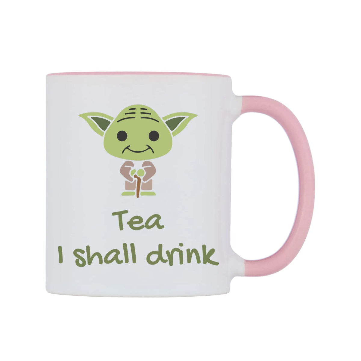 Tea I shall drink Mug — white 11oz gloss mug with a pink inside and handle, left side, on a white background